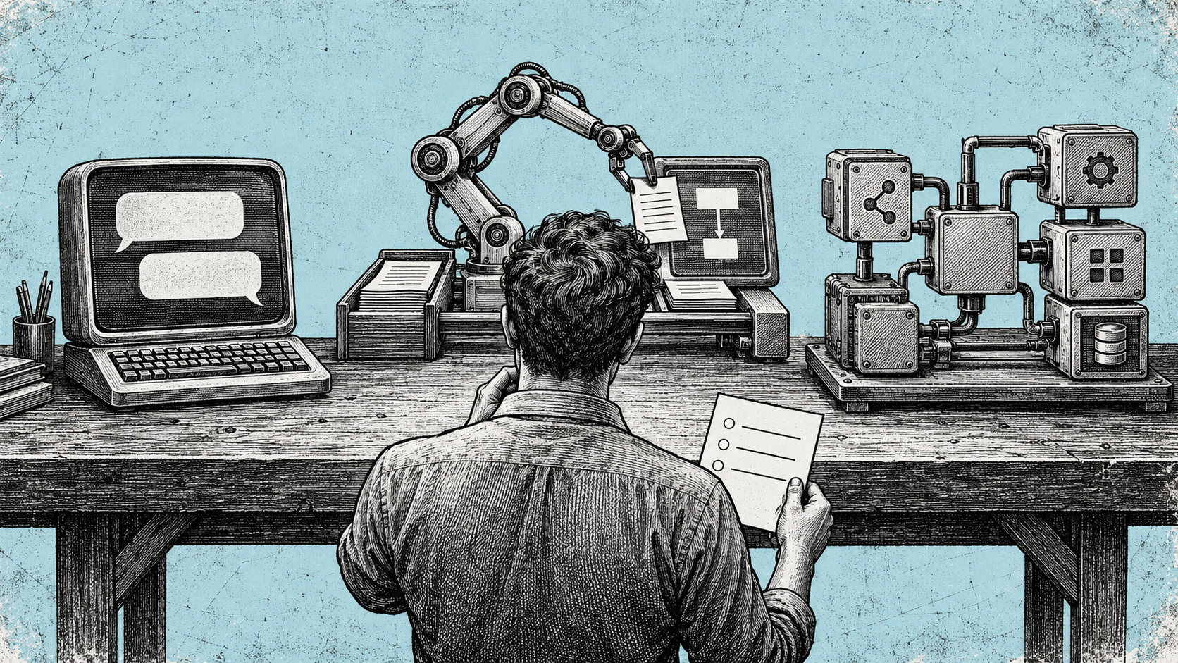 Pessoa compara um terminal de conversa, um braço mecânico com documentos e um sistema modular para escolher como aplicar IA à tarefa.