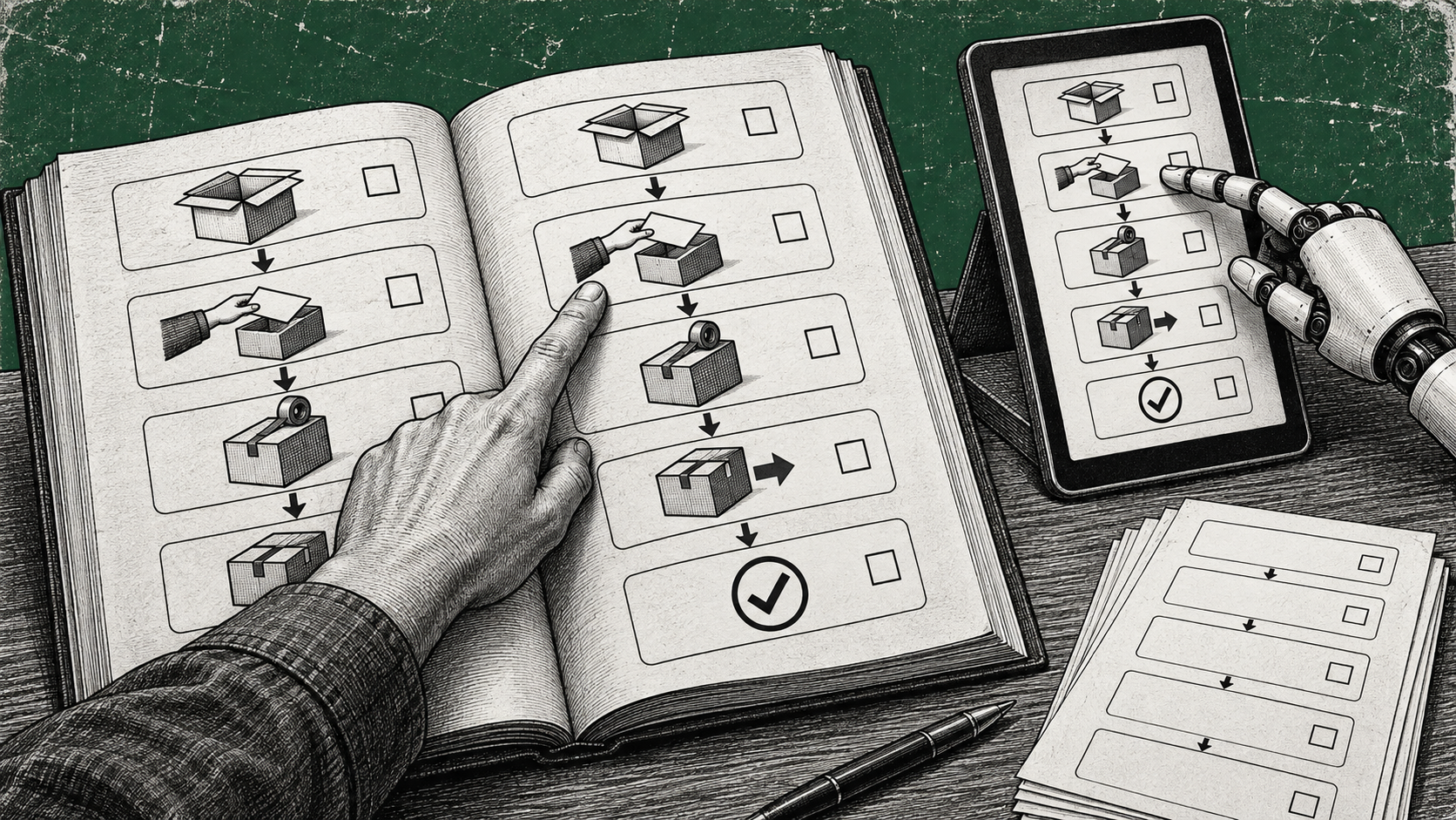 Mão humana e mão mecânica seguem a mesma sequência ilustrada de procedimento em um manual aberto e em um terminal.