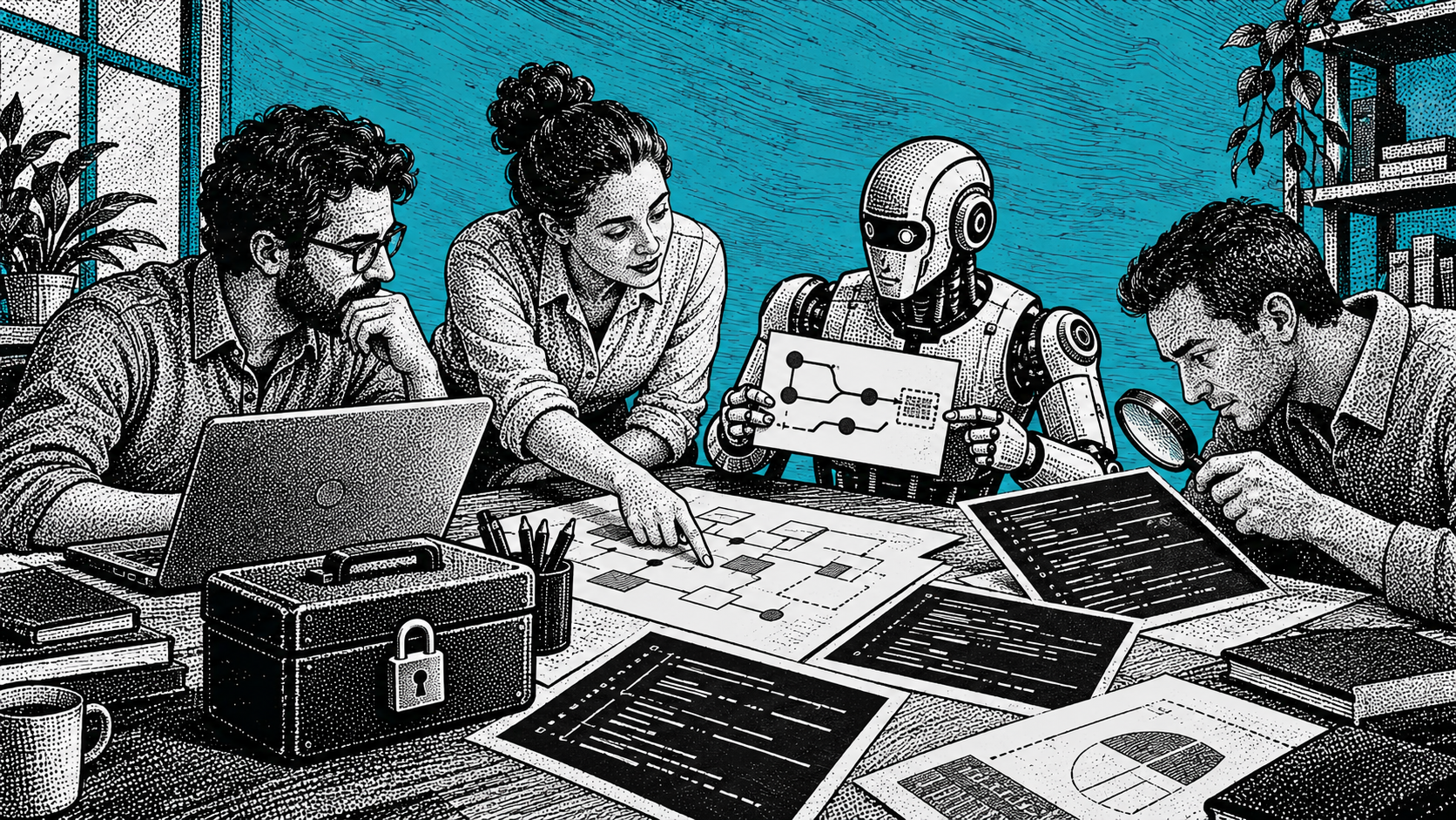 Equipe aprende programação com IA em um projeto real, compartilhando contexto e revisando código antes de aprovar.