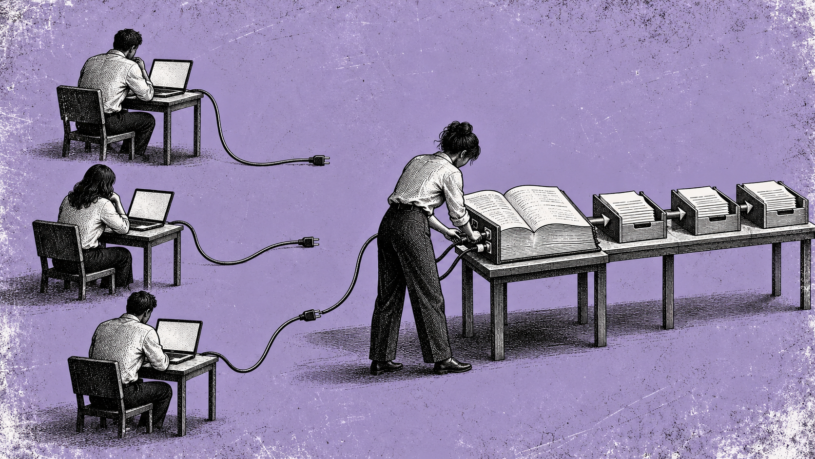 Três pessoas usam computadores isolados enquanto uma responsável conecta cabos a uma base compartilhada e a uma sequência de documentos.